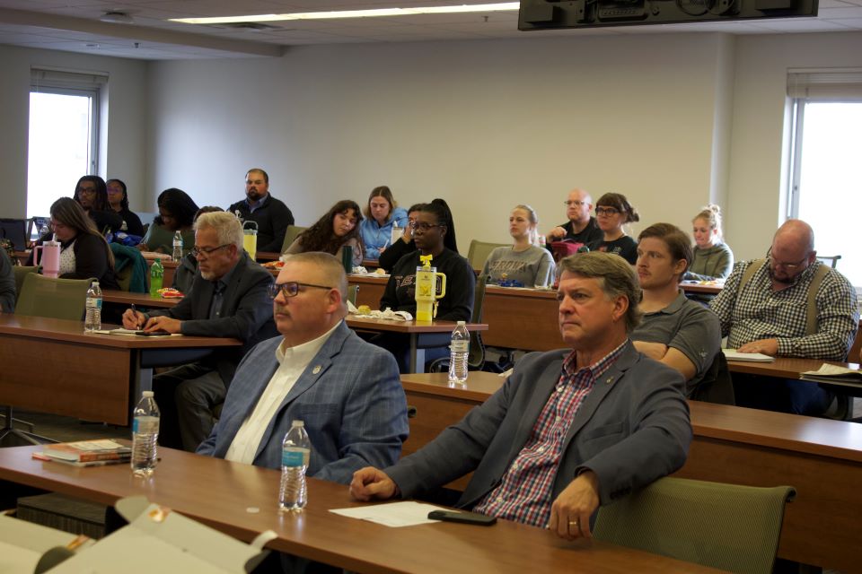 Students, reporters, and members of the public attending a Wefel Center Lecture Series. 