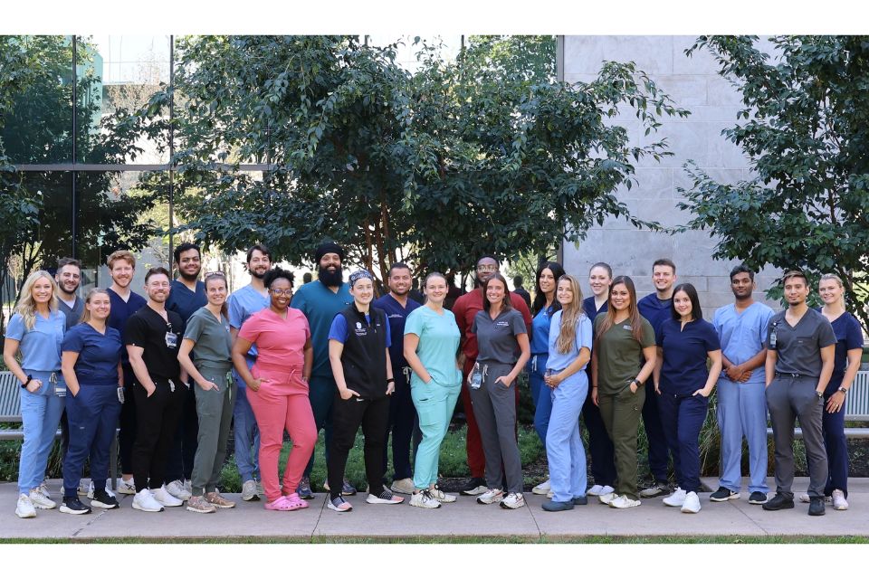 Group photo of emergency residents  Group photo of emergency residents standing outside SSM Health Saint Louis University Hospital