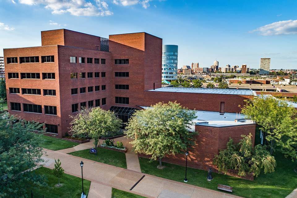 An aerial photo of a building.