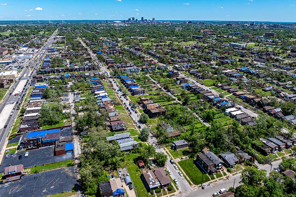 North St. Louis City neighborhood post-tornado An aerial view of a north St. Louis City neighborhood after the May 2025 tornado.